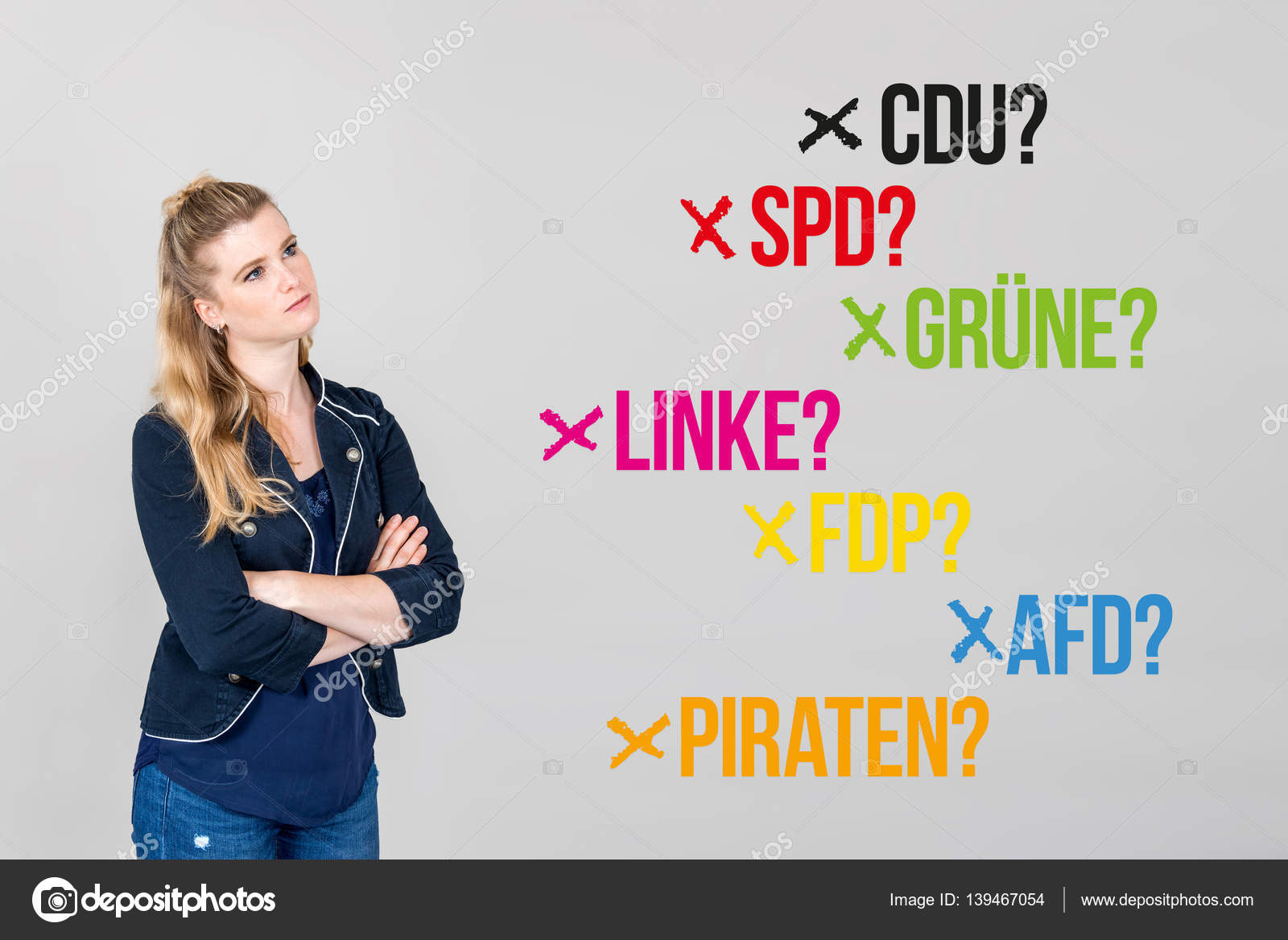 Young woman next to various german parties for german federal election 2017